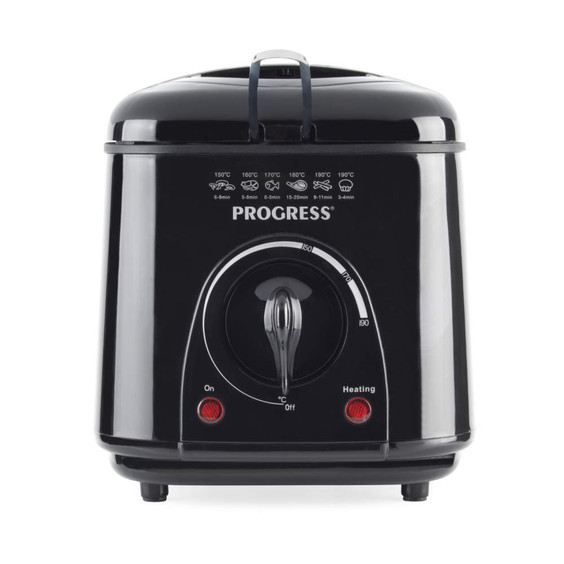 Black electric deep fat fryer with temperature dial, Progress branding, front view