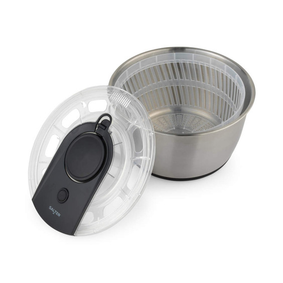 Silver salad spinner with clear lid and black handle, shown open