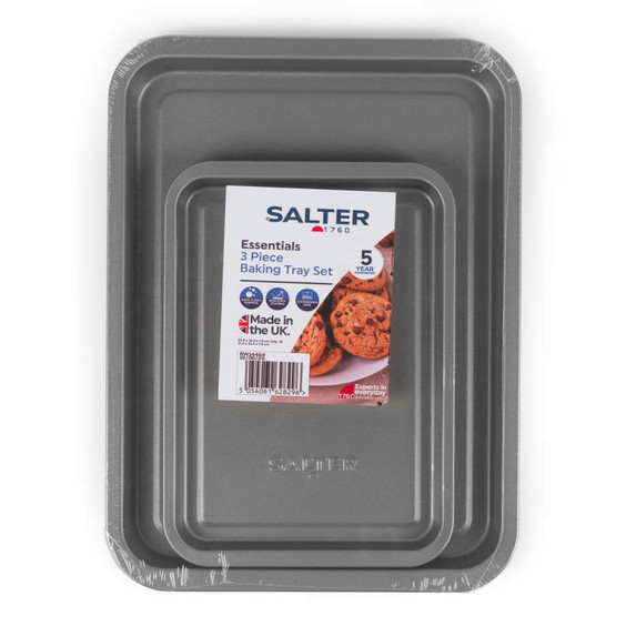 Grey 3 piece baking tray set in packaging