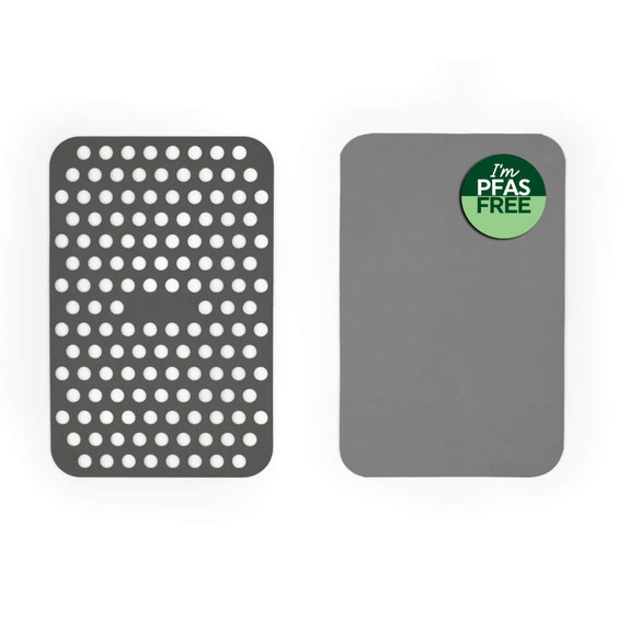 Set of two grey rectangular sink mats, one solid, one with holes, labelled PFAS free