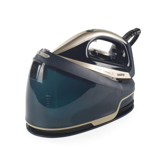 Navy and gold steam generator iron with large water tank, shown angled on white background