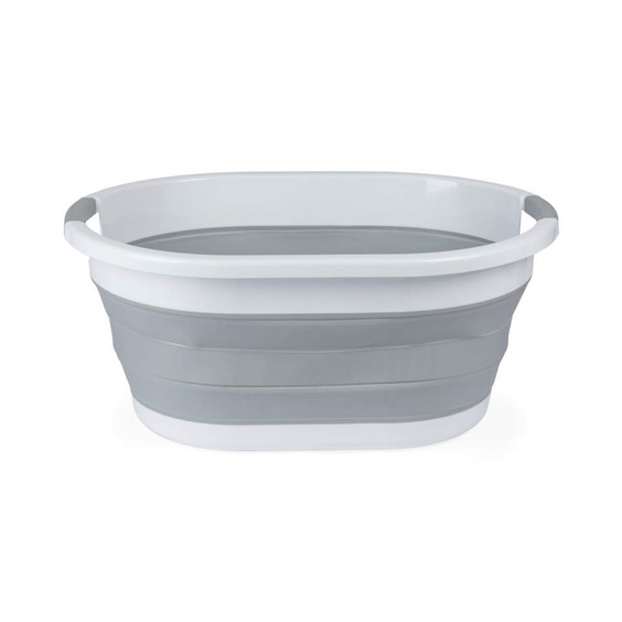 Collapsible grey and white laundry basket with side handles