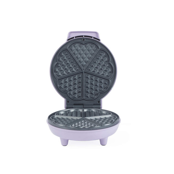 Purple heart-shaped waffle maker open, shown from front for product detail.