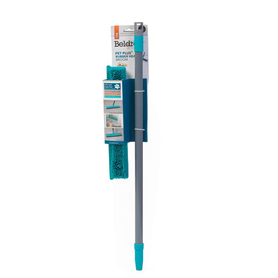 Blue rubber head broom, shown in packaging, suitable for pet hair removal.