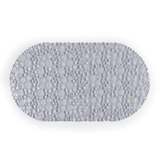 Clear oval bath mat with raised bubble texture