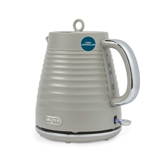 Taupe ribbed electric kettle with chrome handle and illuminated switch