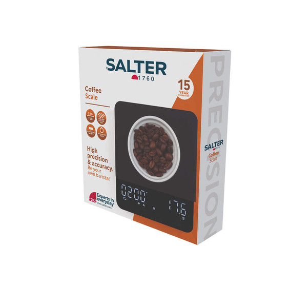 Boxed Salter coffee scale with black digital display and coffee beans shown in bowl