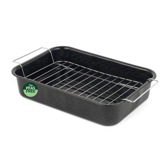 Black roasting tin with rack, PFAS free label on side
