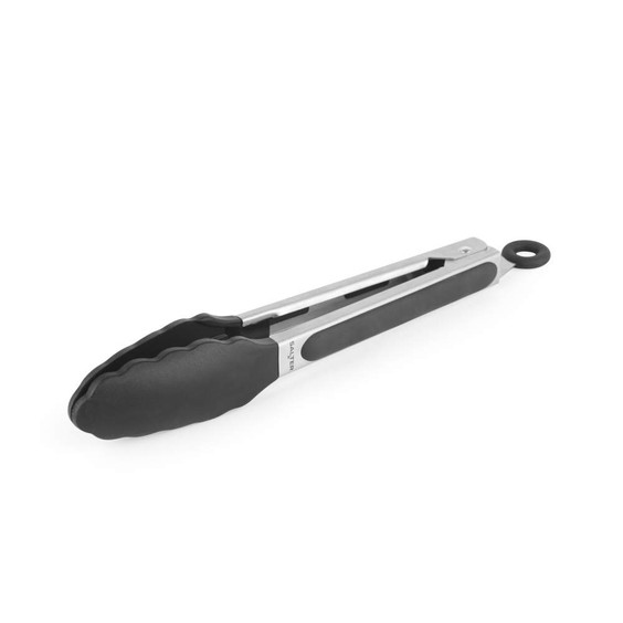 Black silicone-tipped kitchen tongs, stainless steel handle, angled view