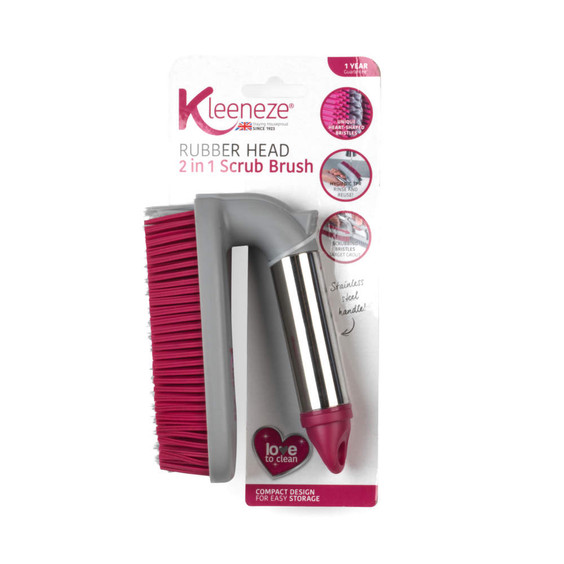 Grey and pink rubber head 2-in-1 scrub brush with stainless steel handle in retail packaging