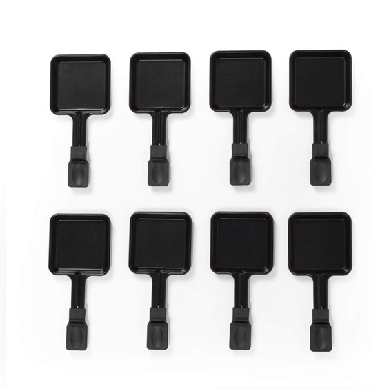 Set of eight black non-stick raclette pans shown from above