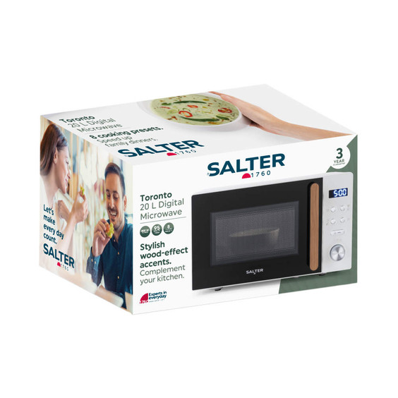 Salter Toronto 20L digital microwave retail box with wood-effect handle, shown in black.