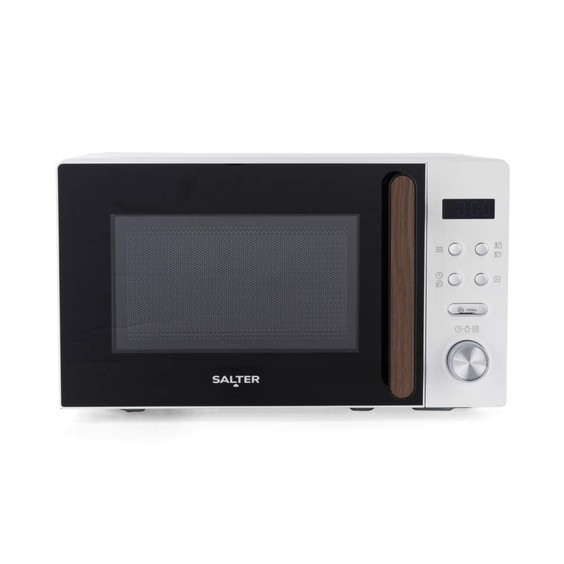 White microwave oven with black door, wood-effect handle, and silver control panel