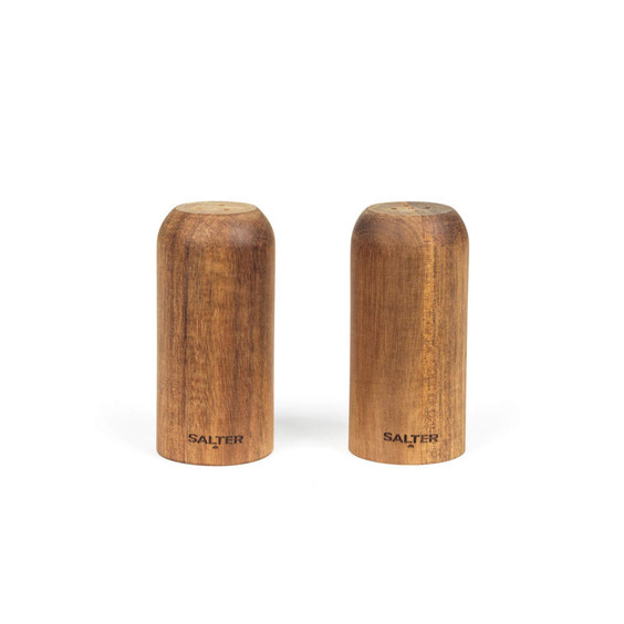 Pair of brown wooden salt and pepper shakers with Salter branding