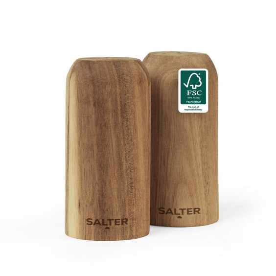 Pair of wooden salt and pepper shakers in brown finish, FSC certified.