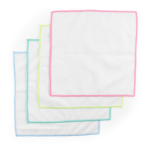 Pack of four white microfibre cloths with coloured edges for cleaning