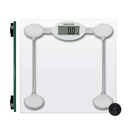 White digital bathroom scale with Salter branding, top view