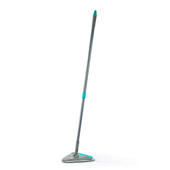 Grey angled floor mop with turquoise accents, shown upright on white background