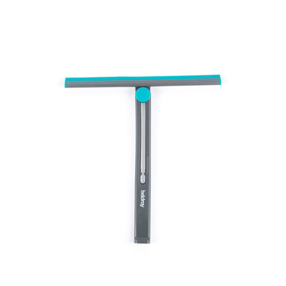 Grey and teal window squeegee with straight handle, shown on white background