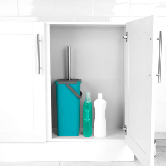Teal mop bucket with handle and bottles of cleaning product under kitchen sink