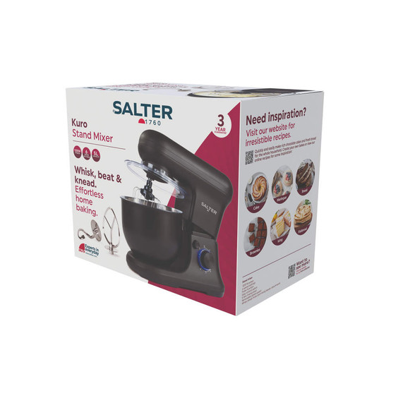 Salter Kuro stand mixer in black, shown on retail packaging with attachments