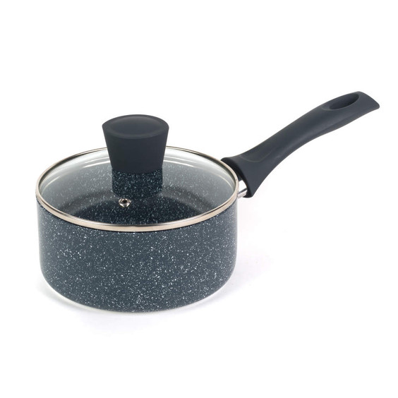 Black speckled non-stick saucepan with glass lid and soft-grip handle