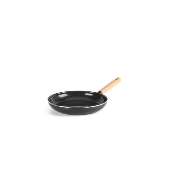 Black non-stick frying pan with wooden handle, shown at a slight angle