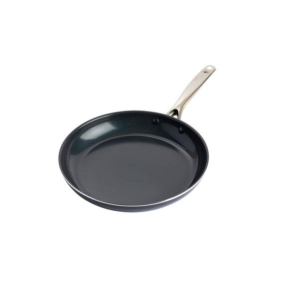 Non-stick blue frying pan with stainless steel handle, shown from above.