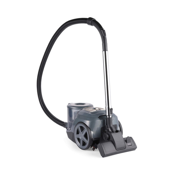 Grey cylinder vacuum cleaner with large wheels, shown from side angle