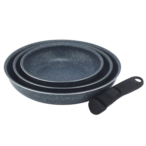Set of three non-stick speckled grey frying pans with detachable handle.