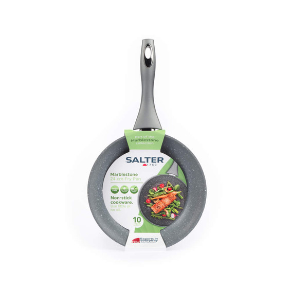 Grey 24cm non-stick marble effect fry pan with handle, packaged with cooking example.