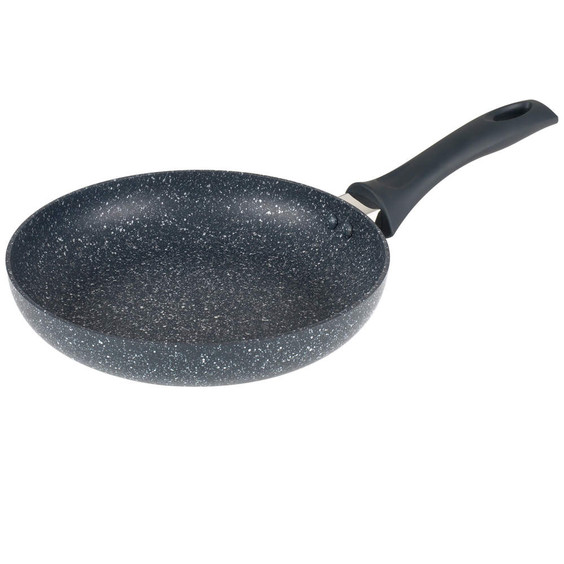 Grey speckled non-stick frying pan with black handle, shown from side angle