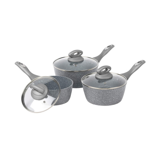 Set of three grey non-stick saucepans with glass lids, displayed on white background.