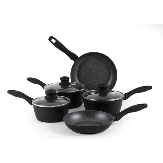 Set of black non-stick saucepans and frying pans with lids, shown on white background