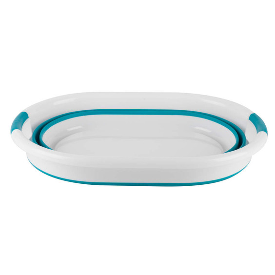 Collapsible oval washing-up bowl in white with teal trim