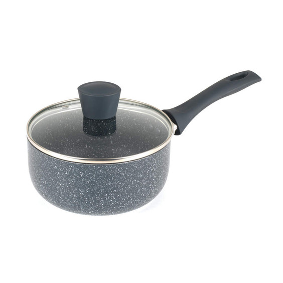 Blue speckled saucepan with glass lid and black handle, shown on white background