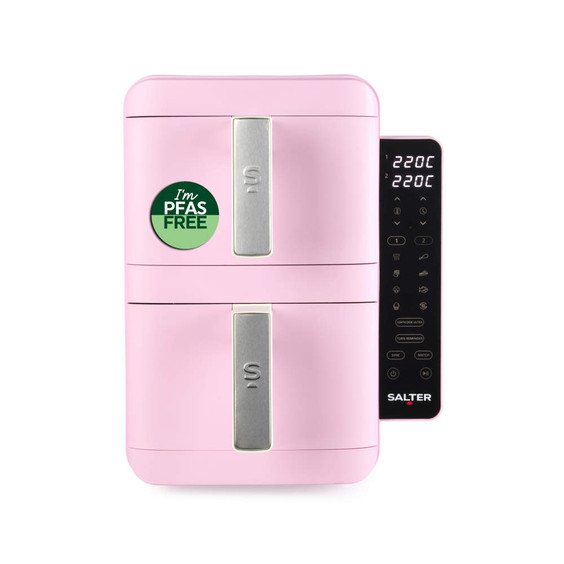 Pink dual drawer air fryer with digital controls, PFAS free sticker visible