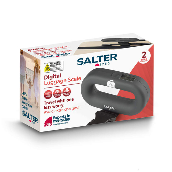 Black digital luggage scale in box, easy grip handle, 40kg max weight