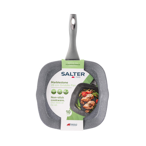 Grey marble-effect Salter 28cm non-stick griddle pan in retail packaging, top-down view