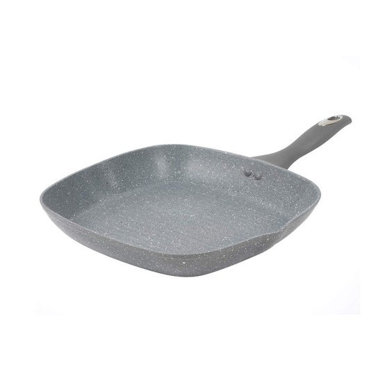 Square grey non-stick grill pan with speckled finish and ergonomic handle