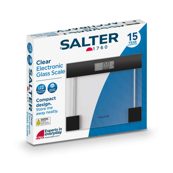 Packaging for Salter clear electronic glass scale, showing compact design and display.