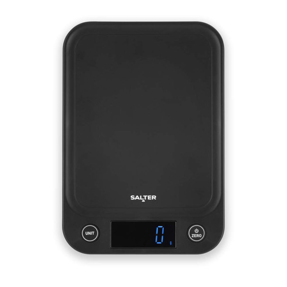Black digital kitchen scale with Salter logo and backlit display showing zero grams