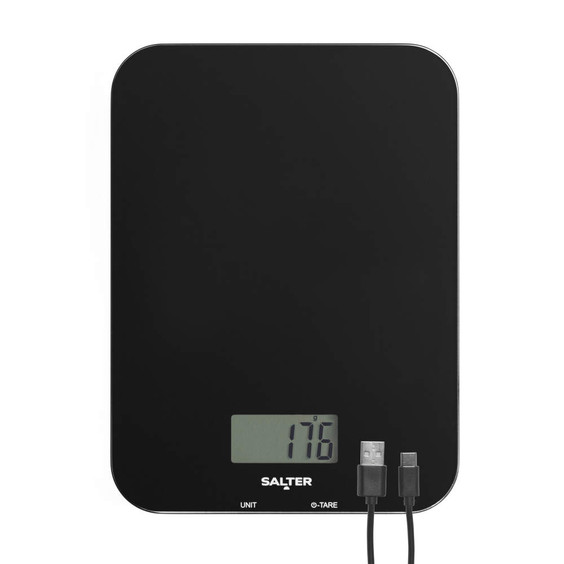 Black digital kitchen scale with LCD display and USB charging cable