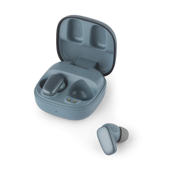 Blue wireless earbuds with charging case, one earbud shown outside case