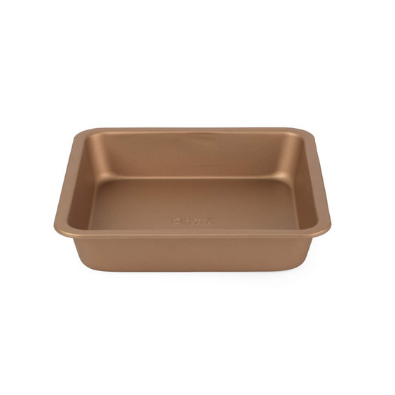 Gold square baking tin, non-stick, angled view