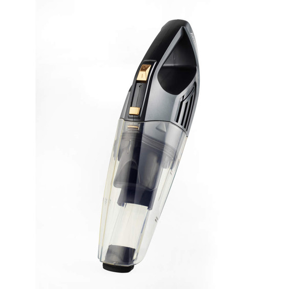 Cordless handheld vacuum cleaner, black and copper, product photo on white background