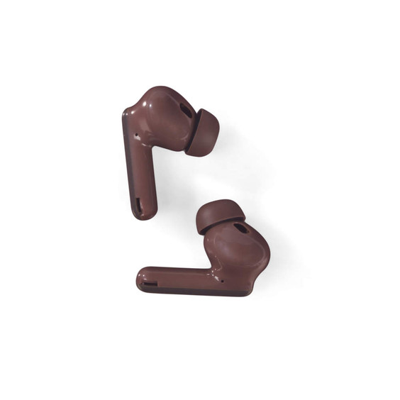Pair of true wireless brown earbuds on white background