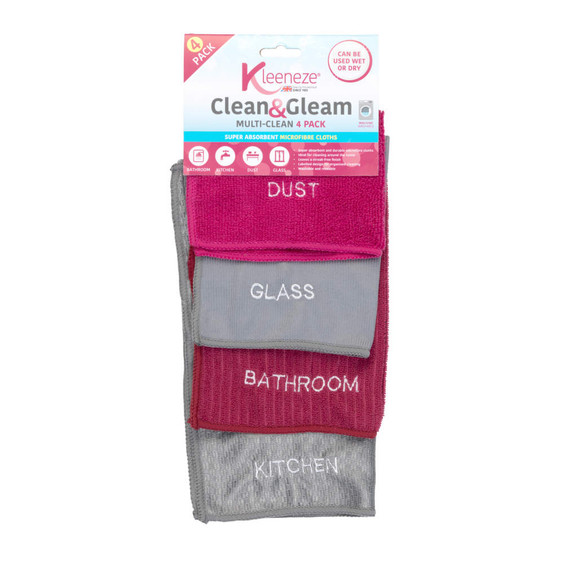 Pack of four labelled microfibre cleaning cloths for dust, glass, bathroom, and kitchen.