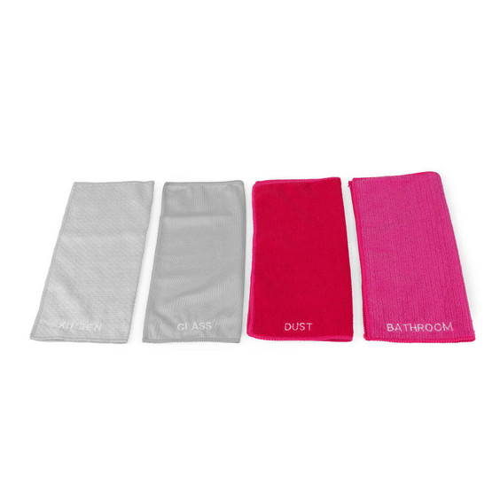 Set of four labelled cleaning cloths for kitchen, glass, dust, and bathroom in grey, red, and pink.