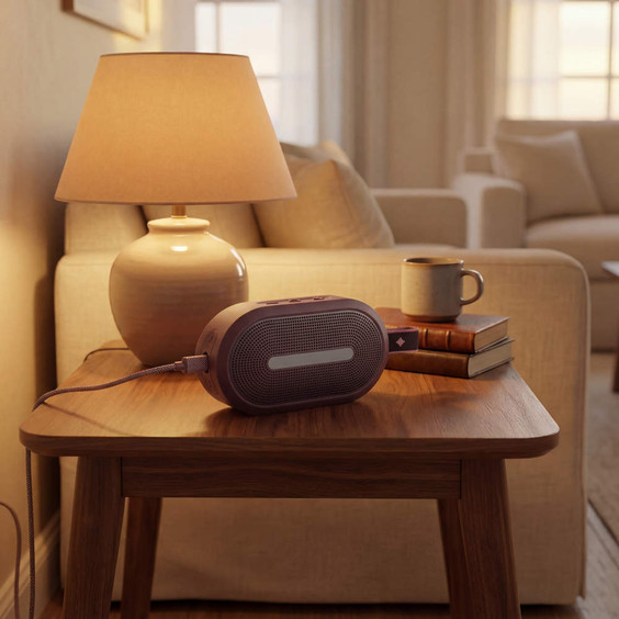Red portable speaker on wooden table beside lamp, books and mug in cosy living room